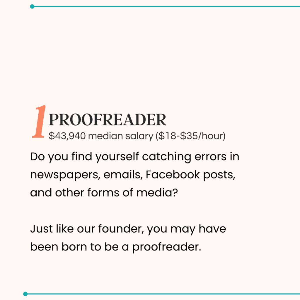 A peach background with the work at home job idea of being a proofreader. The image lists the salary and hourly pay estimates and who might be suitable for being a proofreader.