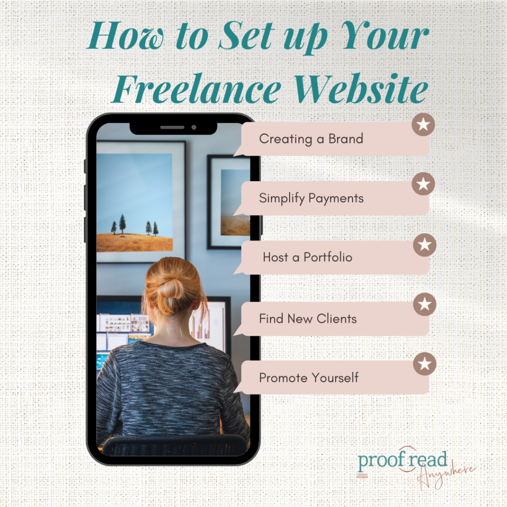 The image shows a woman working on the computer and says "how to set up your freelance website" 