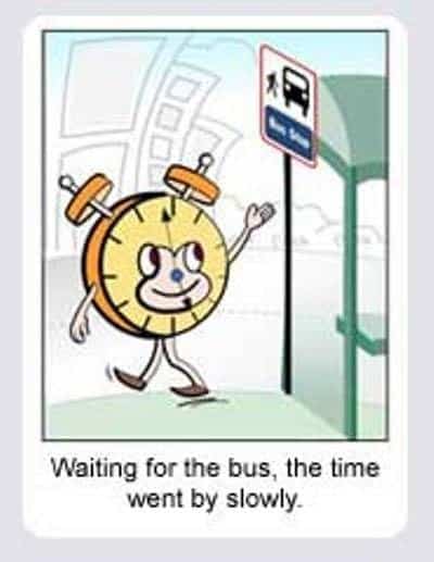The image shows an example of a dangling modifier and says "waiting for the bus, the time went by slowly" 