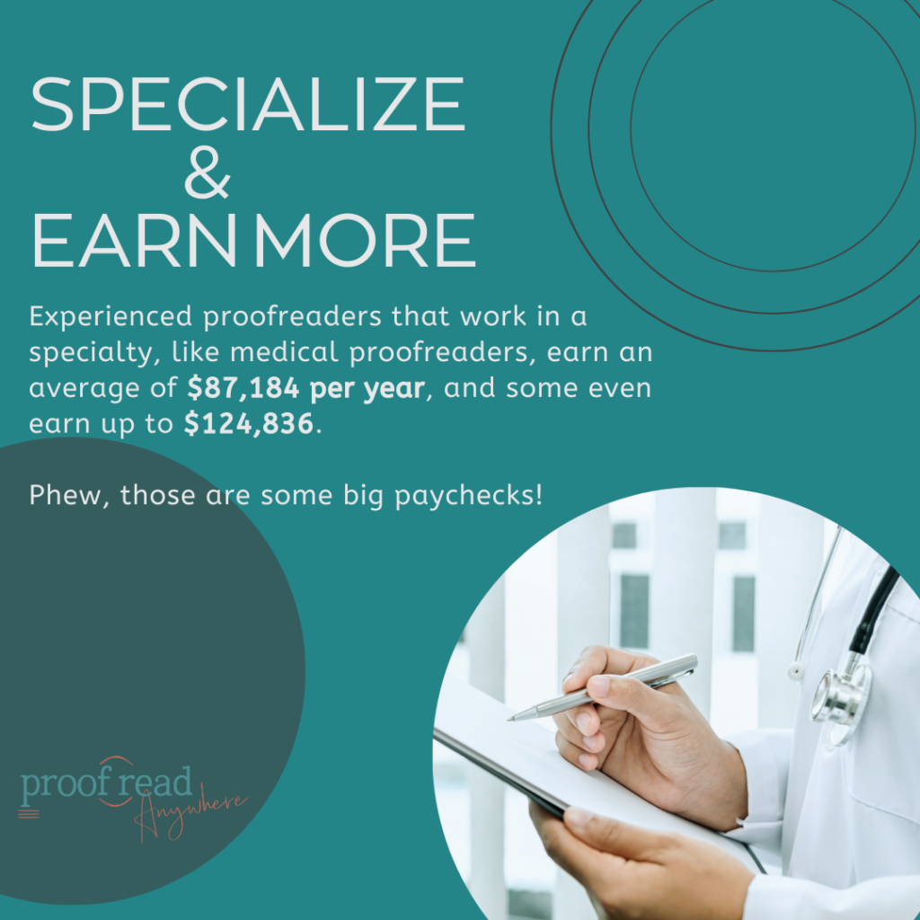 The image shows a doctor writing on a clipboard with the title "specialize and earn more" with an excerpt from the text.