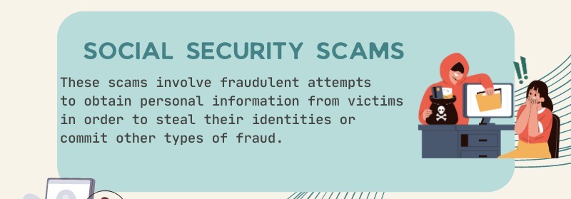 The text shows the title "social security scams" and has an excerpt from the paragraph along with a graphic showing someone taking money out of a computer. 