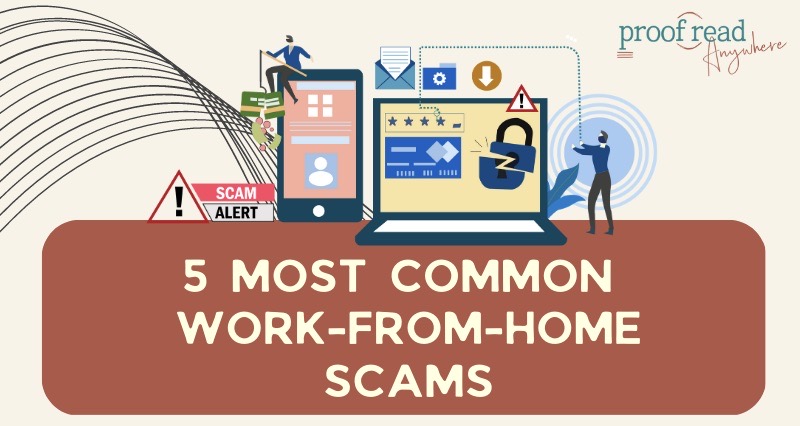 The image shows different graphics displaying work from home scams and identity theft with the title "5 most common work-from-home scams"