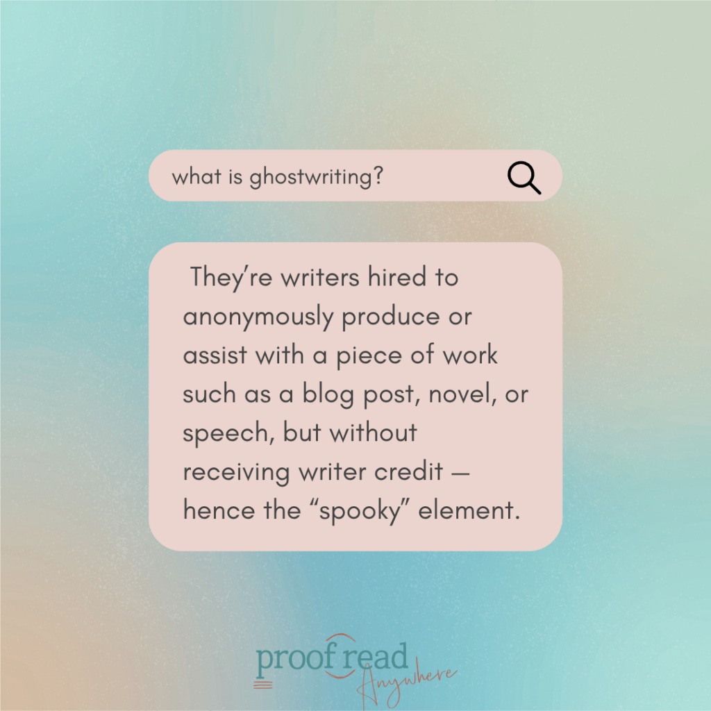 The image shows a search bar with the question "what is ghostwriting" and an answer from the text. 