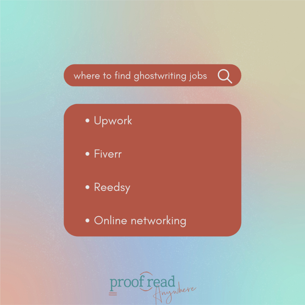 The image shows a search bar with the query "where to find ghostwriting jobs" and an excerpt from the paragraph