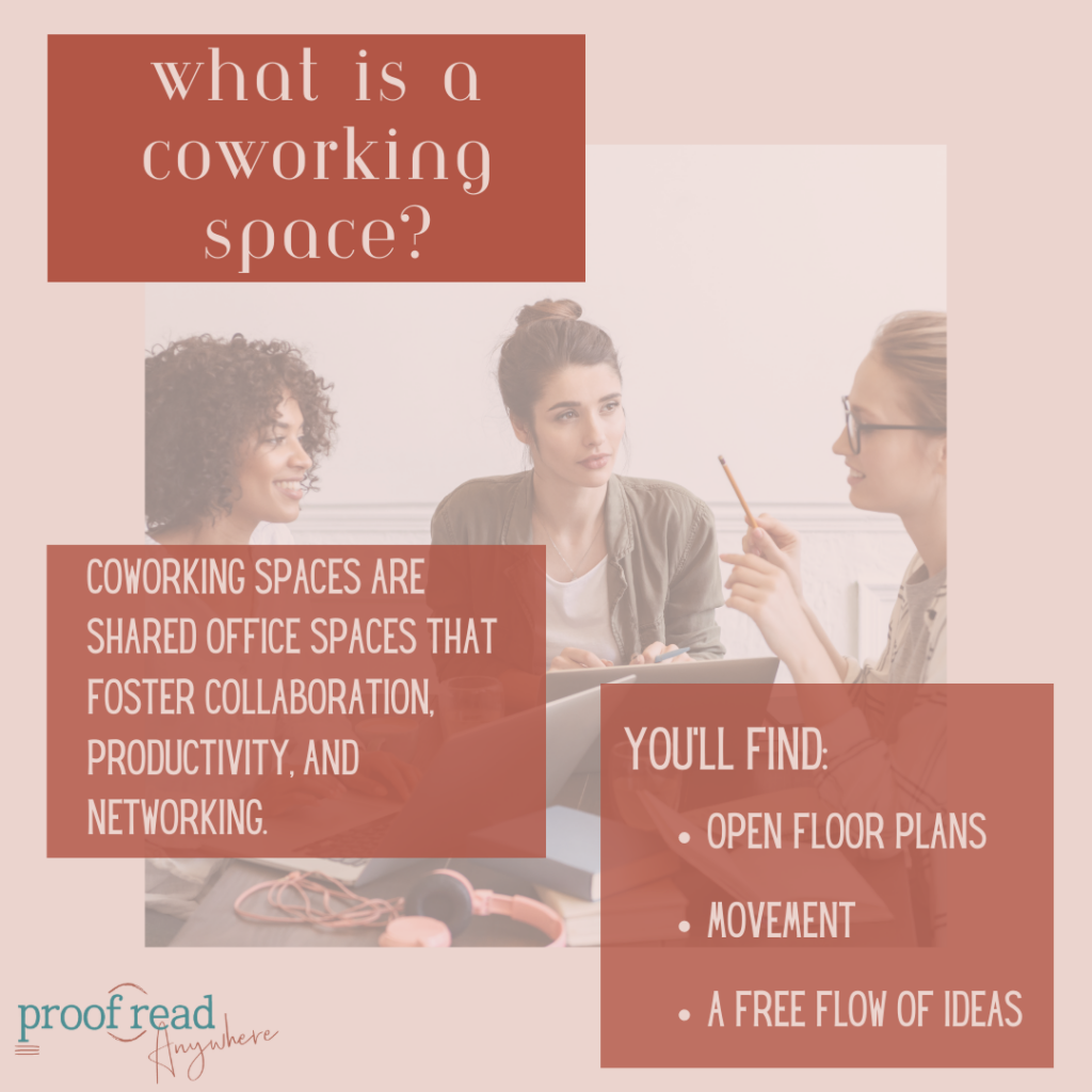 The image shows three feminine-presenting people talking with the title "what is a coworking space" and an excerpt from the article. 