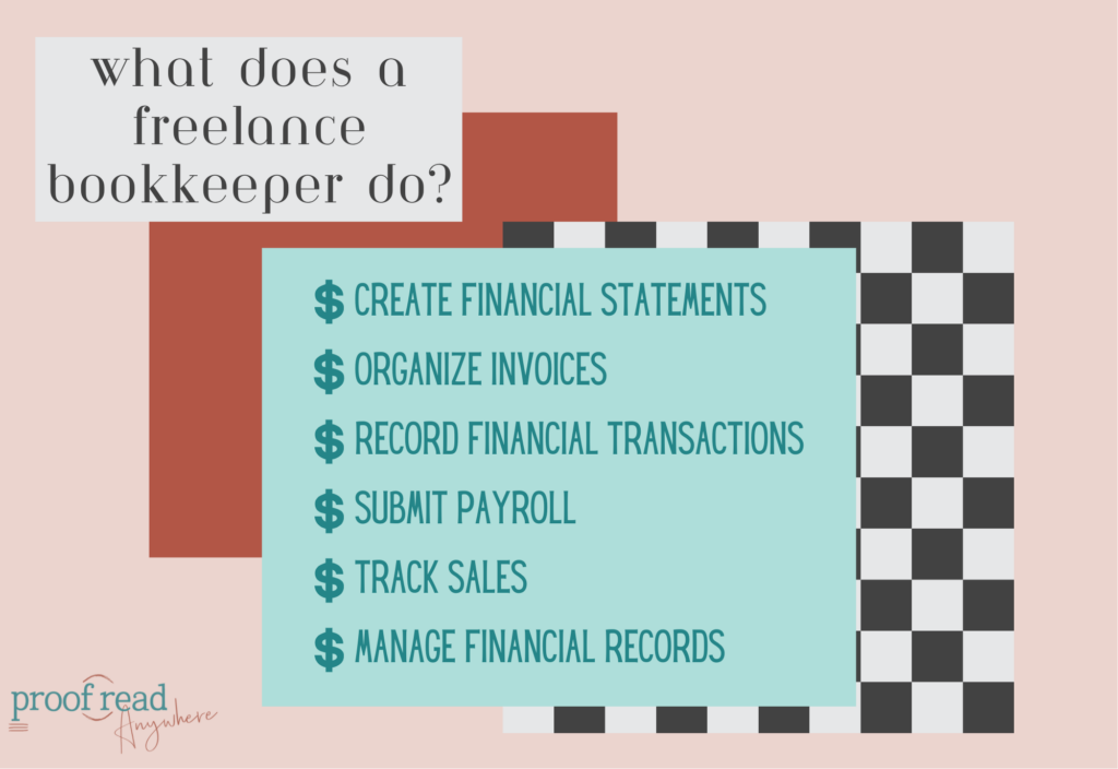 The image shows the title "what does a freelance bookkeeper do" with an excerpt from the article.