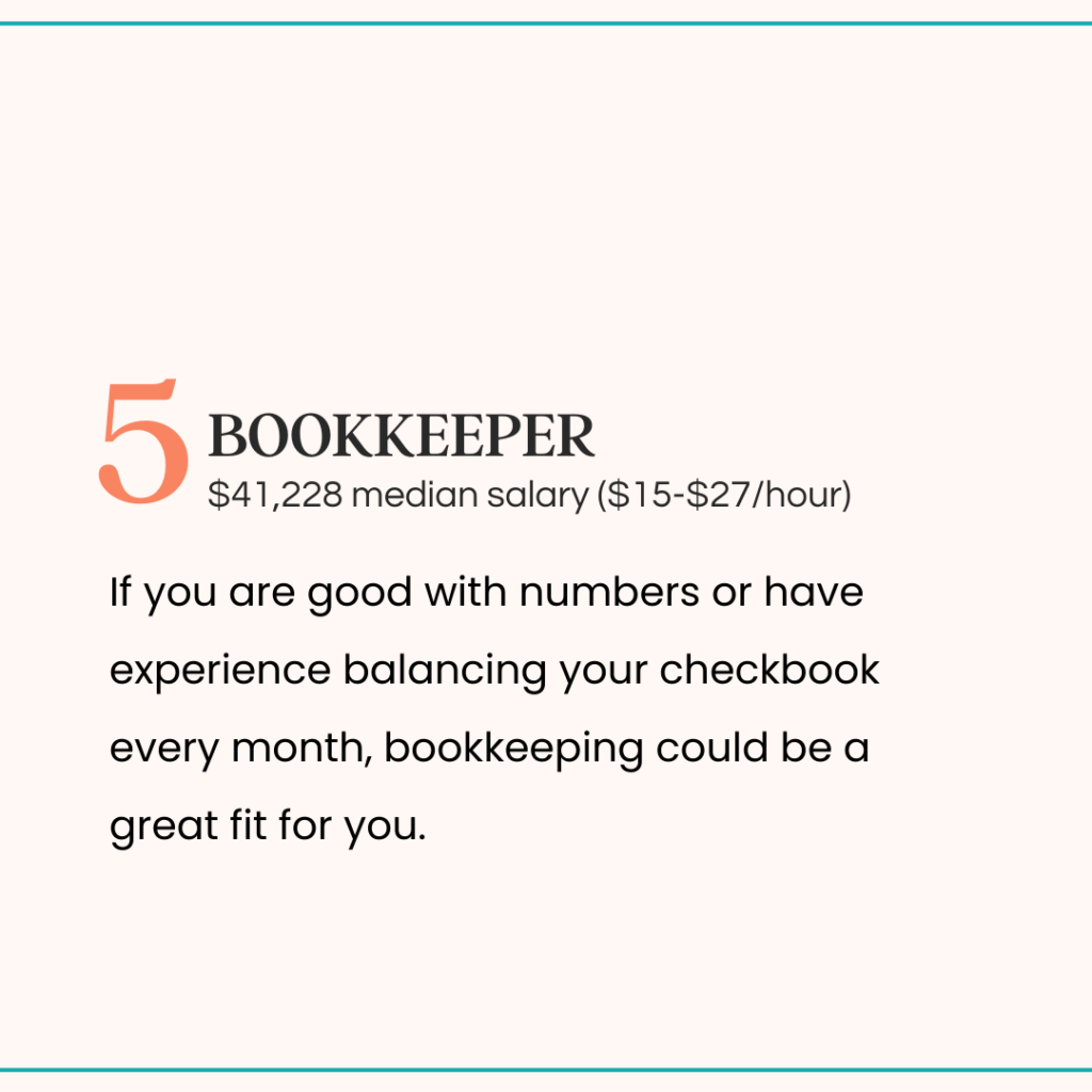 The image explains the work at home job idea: Bookkeeper. The image shows salary and hourly pay estimates and who would be suitable for the job.