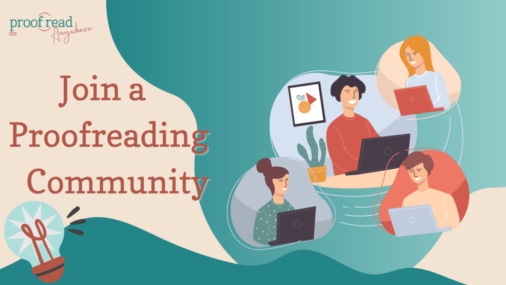 A group of people on laptops smile while the title reads "join a proofreading community"