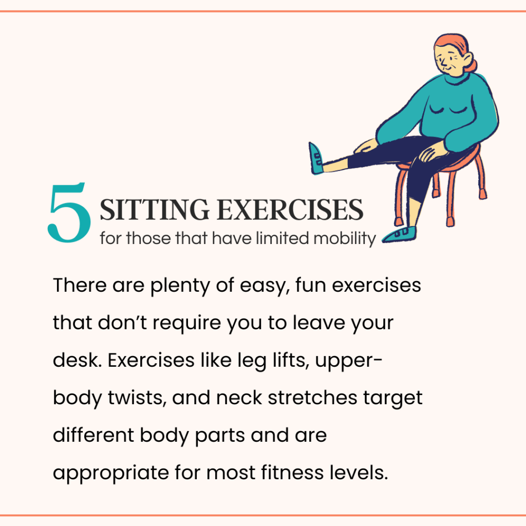 The image shows an elderly woman sitting in a chair and stretching out her leg. The image explains that sitting exercises are great for people with limited mobility. 