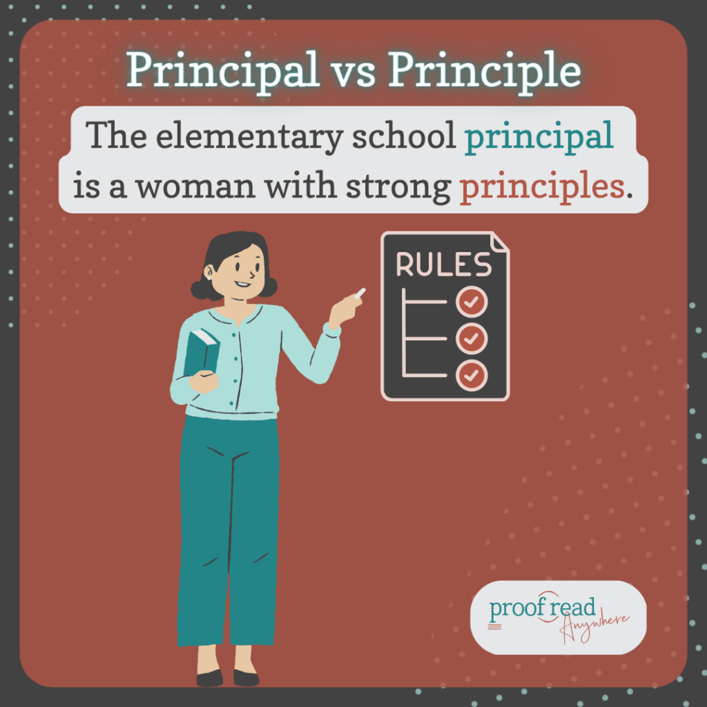The image shows a woman pointing to a list of rules along with the title "Principal vs Principle" and the sentence "The elementary school principal is a woman with strong principles"