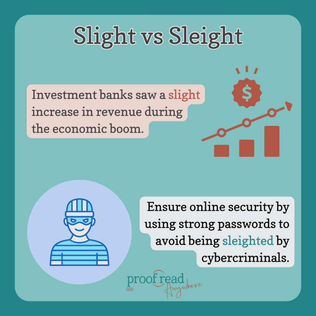 The image shows a graph with increasing money and a photo of a thief with the title "Slight vs Sleight" and the sentences, "Investment banks saw a slight increase in revenue during the economic boom." and "Ensure online security by using strong passwords to avoid being sleighted by cybercriminals." 