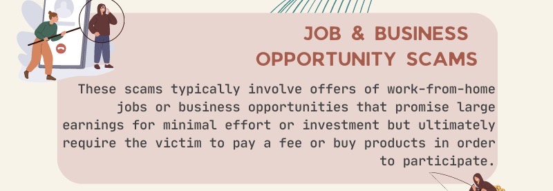 The image shows the title "job & business opportunity scams" with an excerpt from the text and a picture of someone getting scammed. 