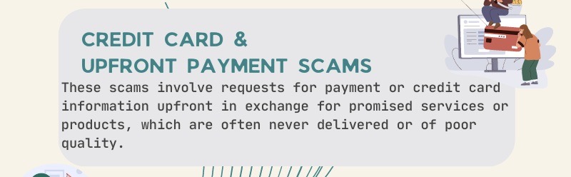 The image shows the title "credit card and upfront payment scams" with a picture of someone getting scammed online and an excerpt from the paragraph.