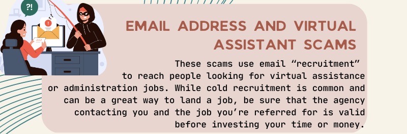 The image displays the title "email address and virtual assistant scams" and shows an excerpt from the paragraph